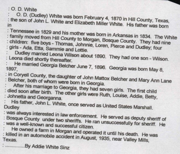Article about O D White, Bosque County, Texas